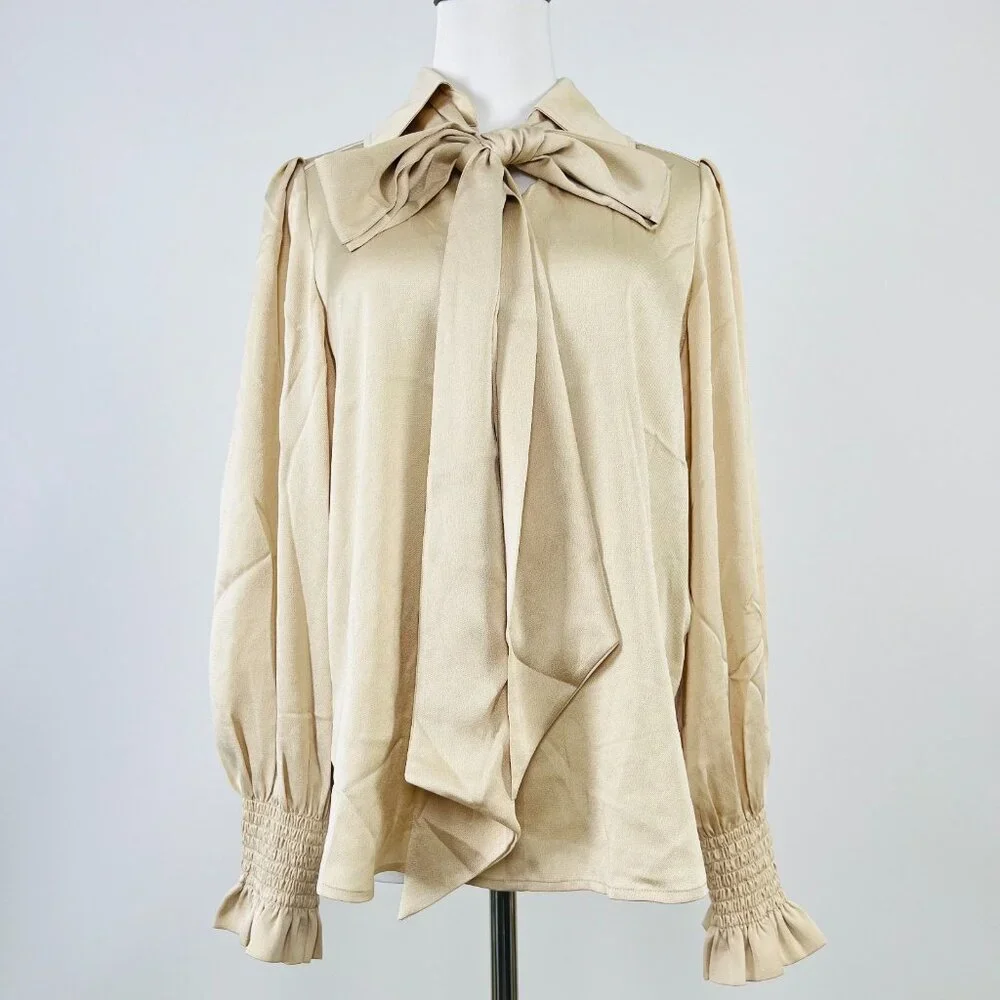 NWOT SEE BY CHLOÉ Tie-Neck Twill Blouse Khaki Size 38/6 Long Sleeves Ruffles - Picture 2 of 13
